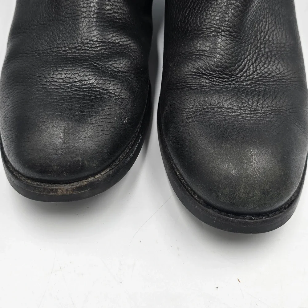 Tory Burch Black Pebbled Leather Riding Boots Size 9M Embossed Logo Gold Buckle